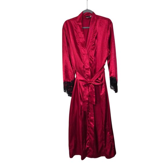 Fredericks of Hollywood Red Satin Lace Sleeves Full Length Robe, Size Medium - Picture 1 of 15